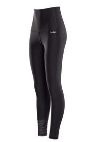 Zwarte high-waisted leggings van rekbaar materiaal, met een gladde textuur en een zwart-grijze zebrapatroon bij de enkels.