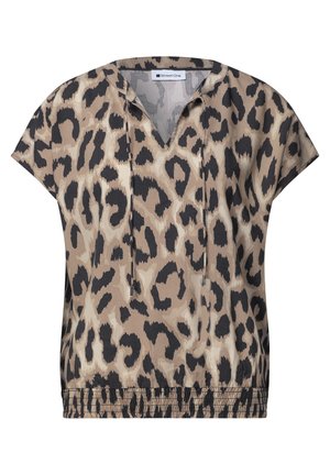 Kortærmet bluse med beige og sort leopardprint, V-hals med snore og elastisk kant.