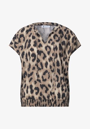 Blusa de manga corta con estampado de leopardo beige y negro, escote en V con cordones y bajo elástico.