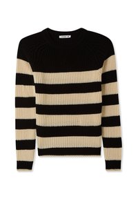 Czarny i jasnobeżowy sweter z dzianiny w paski, z okrągłym dekoltem, prążkowaną strukturą i długimi rękawami.