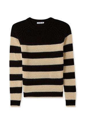 Pullover a maglia a strisce nere e beige chiaro con colletto rotondo, texture a coste e maniche lunghe.