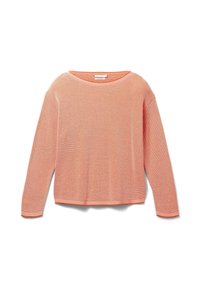 Pull en maille à manches longues couleur corail clair, avec un tissage texturé, un col rond et une coupe légèrement ample.