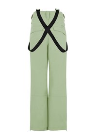 Lichtgroene skibroek met een relaxed fit, voorzien van zwarte kruisstropen op de achterkant, met ritszakken en een gladde stoffen textuur.