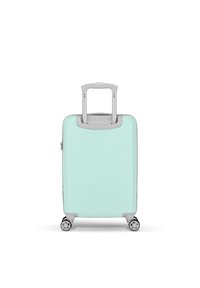 Harde koffer in mintgroen met een gestructureerde oppervlakte, een uitschuifbare handgreep en vier draaibare wielen voor mobiliteit.