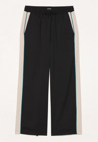 Melni plataji bikses ar elastīgu jostu, auklu un gaiši bežām sānu paneļiem, kas dekorēti ar tirkīza apdari. Iekļautas divas sānu kabatas.