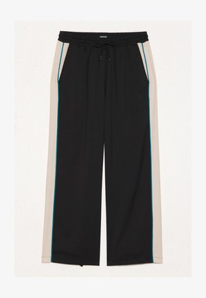 Melni plataji bikses ar elastīgu jostu, auklu un gaiši bežām sānu paneļiem, kas dekorēti ar tirkīza apdari. Iekļautas divas sānu kabatas.