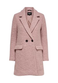 Dubbelknäppt rosa kappa i texturerad tyg med slagkrage, två framfickor och svarta knappar. Insidan är slät.