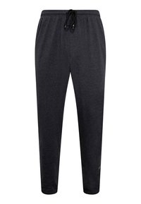 Dark gray sweatpants made from soft fabric, featuring an elastic waistband with a drawstring, tapered legs, and no visible patterns or accents.