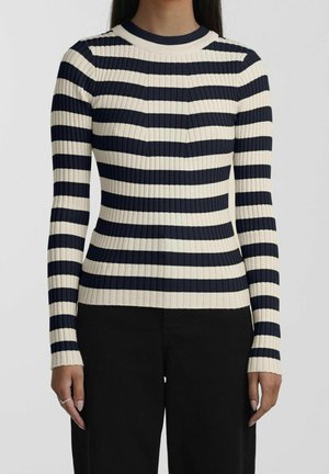 Maglia a maniche lunghe a righe orizzontali navy e crema, con scollatura tonda e silhouette aderente. Texture morbida con materiale elasticizzato.