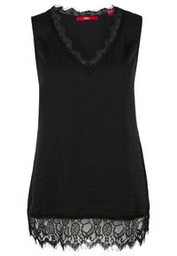 Černý bezrukávový top s výstřihem do V, který má krajkový lem kolem výstřihu a krajkový detail na okraji. Vyrobeno z texturované látky.