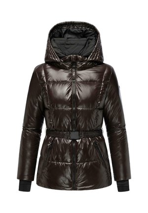 Tummanruskea, kiiltävä puffer-takki, jossa on kireä vyötärö, huppu ja vetoketjulliset taskut. Ominaisuuksiin kuuluvat ribattuja hihansuita ja tikattu sisävuori.