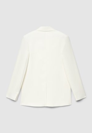 Weißer Blazer mit maßgeschneidertem Design, einreihiger Rücken, scharfe Revers, lange Ärmel und minimale Nahtdetails. Glatte Stofftextur.