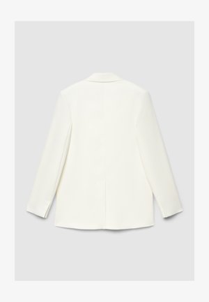 Weißer Blazer mit maßgeschneidertem Design, einreihiger Rücken, scharfe Revers, lange Ärmel und minimale Nahtdetails. Glatte Stofftextur.