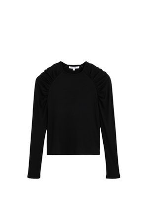 Top negro de manga larga hecho de tejido acanalado, con detalles fruncidos en los hombros, cuello redondo y diseño ajustado.
