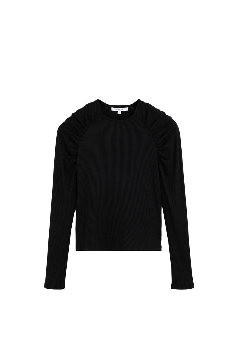 Top negro de manga larga hecho de tejido acanalado, con detalles fruncidos en los hombros, cuello redondo y diseño ajustado.