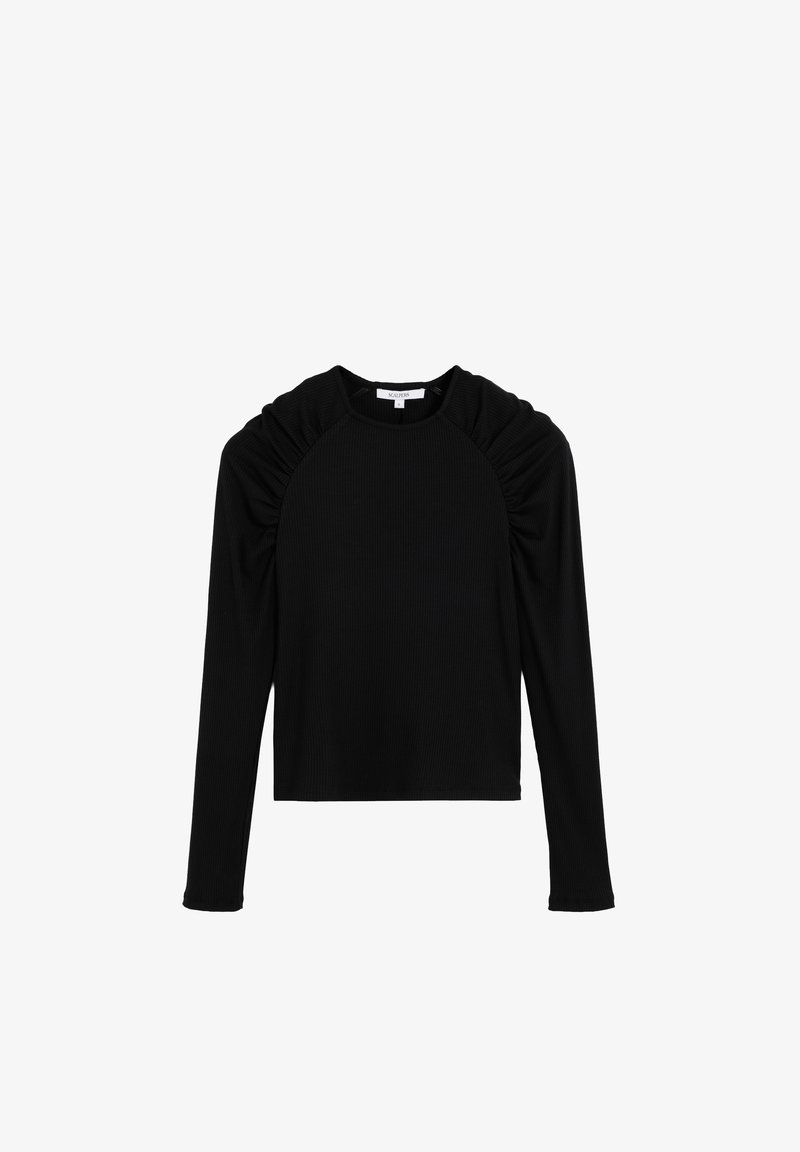 Sort langærmet top fremstillet af ribbet stof, med samlet detalje på skuldrene, rund hals og tætsiddende design.