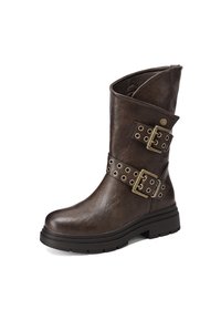 Stivale alla caviglia in pelle marrone con punta rotonda, forma cilindrica, due cinture decorative con fibbie dorate e finitura testurizzata.