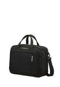 Schwarze Laptoptasche mit strukturiertem Finish, doppelten Tragegriffen, verstellbarem Schultergurt, vorderer Tasche und Reißverschluss mit goldfarbener Ziehschlaufe.