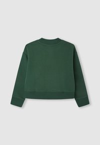 Felpa verde corta con colletto e polsini a coste, realizzata in tessuto morbido. Il retro mostra una texture liscia e un design semplice.