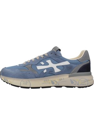 Blaue und graue Wildledersneaker mit weißem Logo an der Seite, beigefarbene Sohle mit aufgedrucktem Text und Symbolen, vor einem weißen Hintergrund.