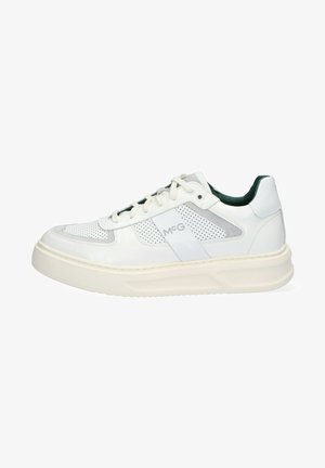 White sneakers with a textured leather upper, perforated detailing, and a slightly elevated rubber sole. Features green accents and laces.