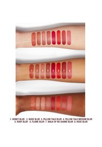 Eight lipstick shades from light brown to deep red swatched on light, medium, and dark skin tones for color comparison.