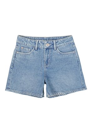 Lichtblauwe denim korte broek met knoop en ritssluiting aan de voorkant, riemlussen en vijf zakken op een witte achtergrond.