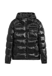 Doudoune noire avec finition brillante, capuche, fermeture éclair à l'avant et poche poitrine. Présente un design matelassé avec des coutures horizontales.