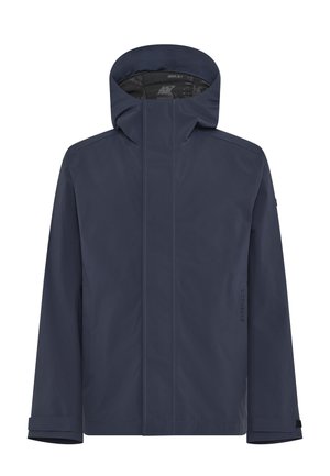 Marineblauwe waterdichte jas met een hoge kraag en aangehechte capuchon, met een minimalistisch design en zijzakken zonder zichtbare hardware.