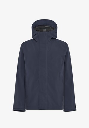 Marineblauwe waterdichte jas met een hoge kraag en aangehechte capuchon, met een minimalistisch design en zijzakken zonder zichtbare hardware.