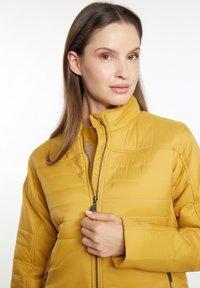Geel gewatteerde jas met een hoge kraag, voorzien van een ritssluiting aan de voorkant en een strak design. Het materiaal lijkt glad en geïsoleerd.