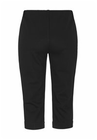 Schwarze Capri-Hosen aus weichem, dehnbarem Material. Verfügen über eine glatte Textur und einen elastischen Bund für mehr Komfort. Keine Taschen oder sichtbare Hardware.