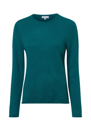 Türkiser Langarmpullover mit gerippter Textur und Rundhalsausschnitt. Verfügt über eine taillierte Silhouette und dezente Nähdetails. Leichter Stoff.