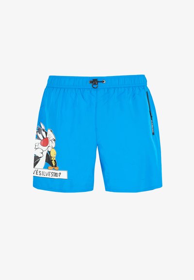 Pantaloni da bagno blu con cintura regolabile. Presenta personaggi dei cartoni Silvestro e Tweety stampati sul lato sinistro. Tasca laterale con zip.