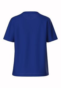 T-shirt a maniche corte di colore blu royal con collo tondo, vista dal retro, su sfondo bianco.