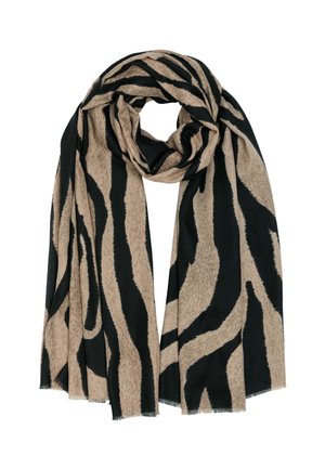 Multicolored scarf featuring a beige base with black zebra stripes, made of soft fabric with fringed edges for added texture.