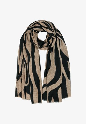Multicolored scarf featuring a beige base with black zebra stripes, made of soft fabric with fringed edges for added texture.