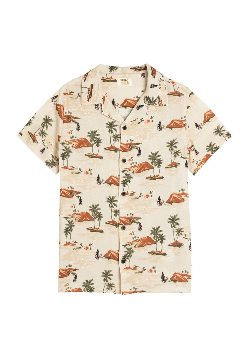 Camicia a maniche corte con bottoni in tessuto beige, caratterizzata da una stampa tropicale con rocce rosse, palme e barche a vela. Texture liscia, vestibilità comoda.