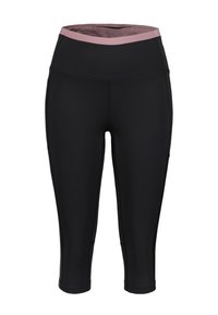 Zwarte capri-leggings met een brede, roze tailleband. Gemaakt van rekbaar materiaal, met platte naden en een aansluitend ontwerp. Geen zichtbare zakken.