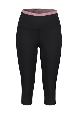Leggings capri negros con una amplia cinturilla rosa. Hechos de un material elástico, cuentan con costuras planas y un diseño ceñido. Sin bolsillos visibles.
