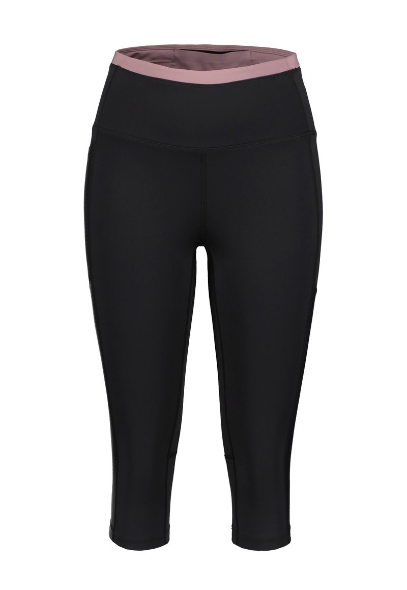 Zwarte capri-leggings met een brede, roze tailleband. Gemaakt van rekbaar materiaal, met platte naden en een aansluitend ontwerp. Geen zichtbare zakken.