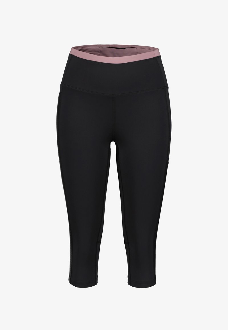 Zwarte capri-leggings met een brede, roze tailleband. Gemaakt van rekbaar materiaal, met platte naden en een aansluitend ontwerp. Geen zichtbare zakken.