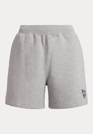 Jasnoszare luźne szorty z elastycznym pasem i małym, ciemnym haftowanym logo z napisem Polo oraz dwoma rakietami tenisowymi na lewej nodze.