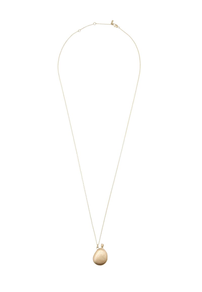 Anhänger-Halskette in Goldoptik mit Textur, an einer dünnen Kette, mit einem tropfenförmigen Anhänger und einer kleinen Schlaufe zur Befestigung.