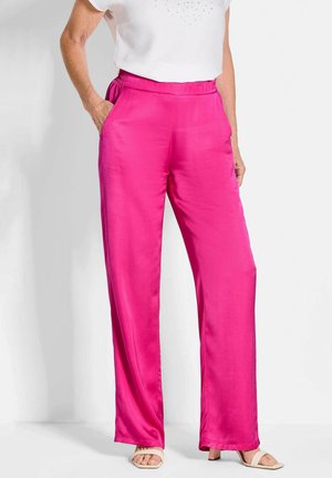 Satin-pinke, weit geschnittene Hose mit elastischem Bund und Seitentaschen; glatte Textur mit fließendem Fall. Schlichtes, maßgeschneidertes Design.