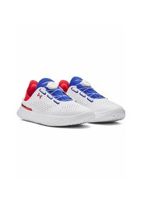 White athletic shoes with blue accents, perforated upper, red interior, and a dial for tightening laces. Minimalistic design and textured sole.