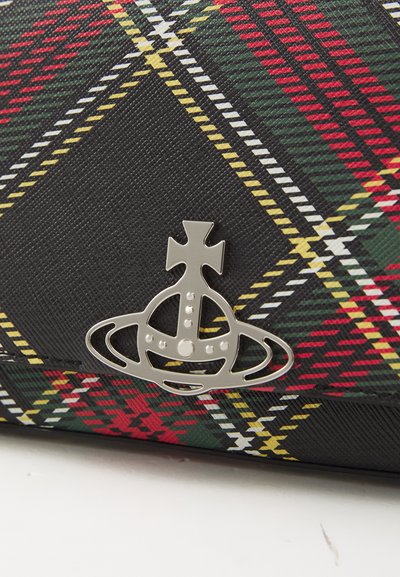 Black and multicolored plaid handbag with a textured finish, featuring a prominent silver crown-shaped logo accent.