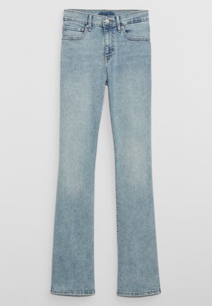 Hellblaue Flared-Jeans aus Denim mit hoher Taille, ausgestattet mit Gürtelschlaufen, Vordertaschen und einem ausgewaschenen Waschungseffekt.