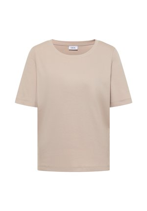 T-shirt beige à manches courtes en maille côtelée avec encolure ronde et étiquette de marque à l'intérieur du col.