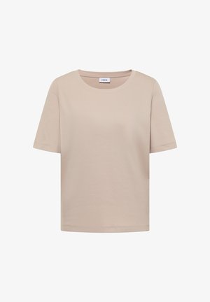 Beżowy krótki rękaw, prążkowany sweterkowy T-shirt z okrągłym dekoltem i metką marki wewnątrz kołnierzyka.